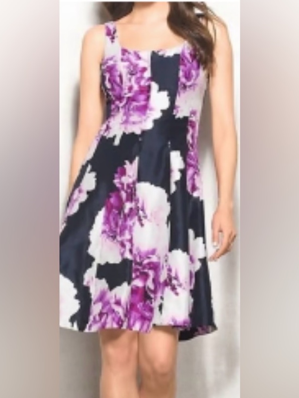 Dress Barn Navy Fit-and-Flare Floral Dress with Purple and White Print